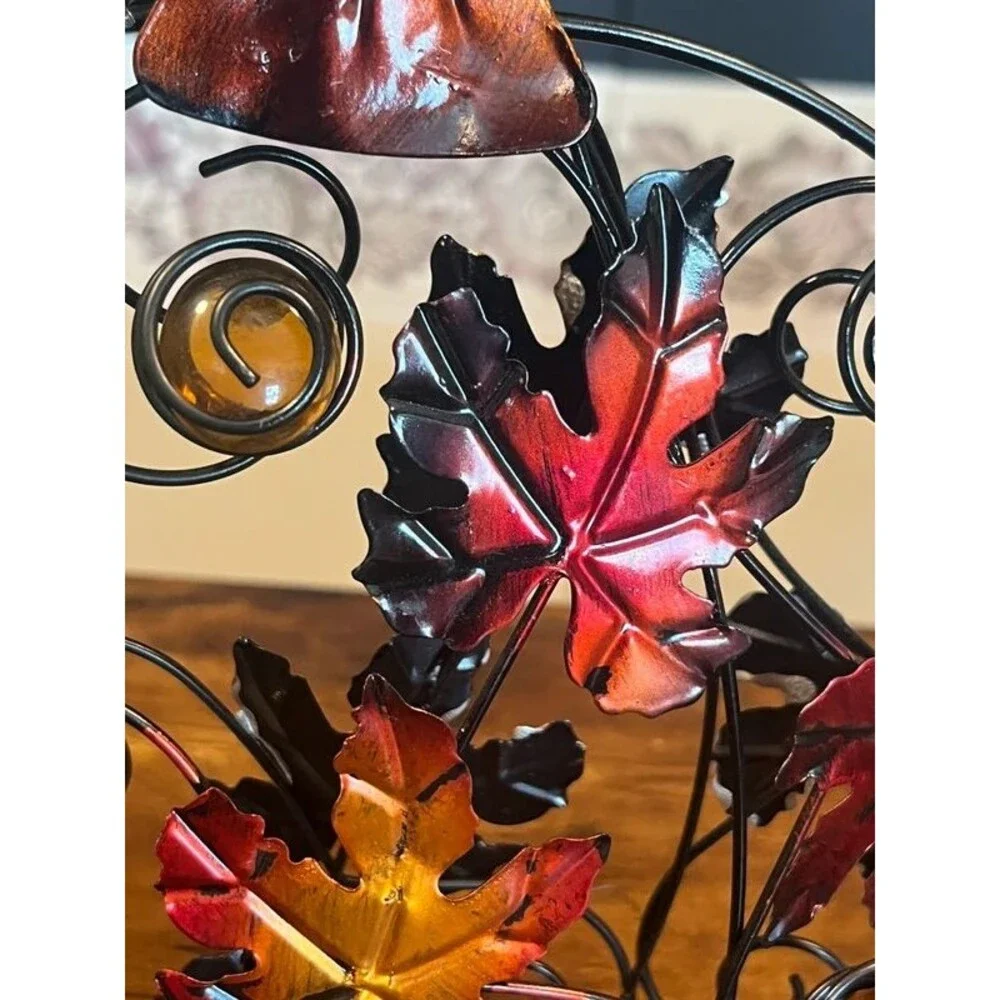 Metal Pumpkin Fall Decor Enameled Maple Leaves Amber Glass Accents